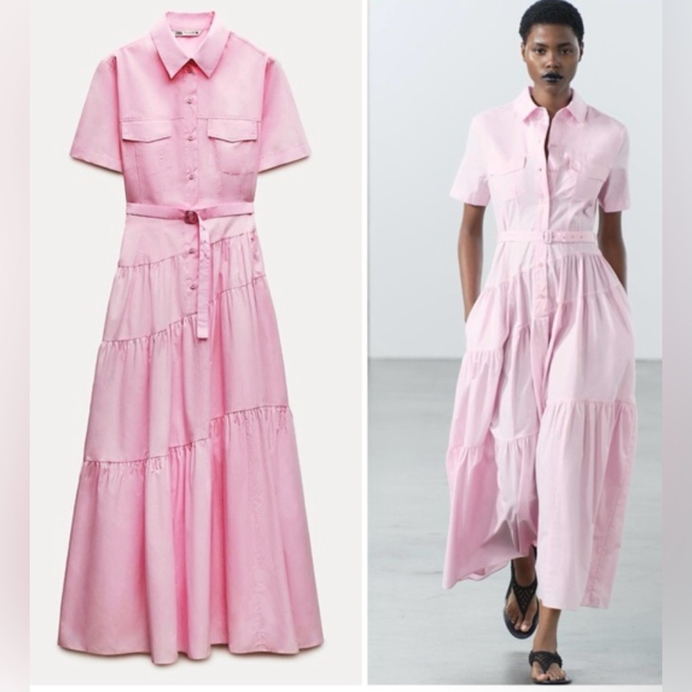 Zara Light Pink Short-Sleeve Tiered Maxi Shirt Dress
